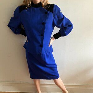 Vintage Albert Nipon Blue Wool & Black Velvet Jacket & Skirt Suit Set Sz 12